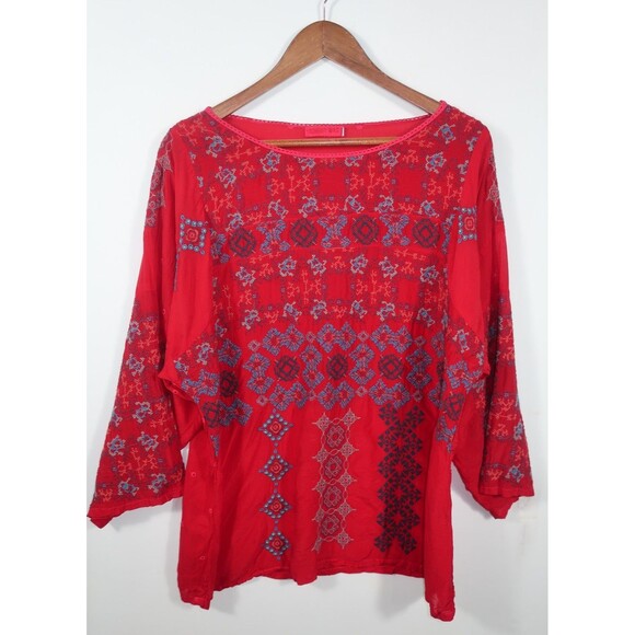 Johnny Was Red Rayon Embroidered Aztec Geometric Bohemian Tunic Top Shirt Large - Picture 4 of 9